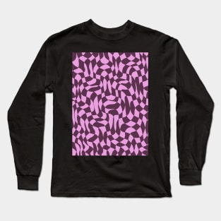 Dark Purple and Pink Distorted Warped Checkerboard Pattern IV Long Sleeve T-Shirt